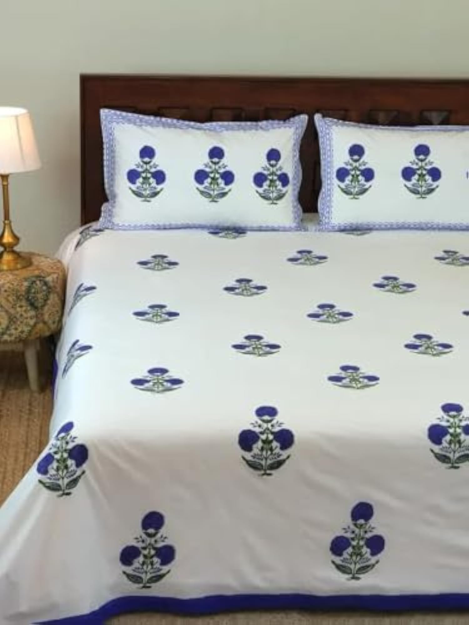 Hand Block Printed Iris Percale Cotton Bedsheet, with Pillow Covers, (King)
